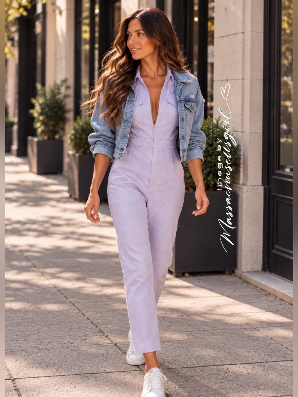 Good American Lavender Utility Jumpsuit with Light Denim Jacket